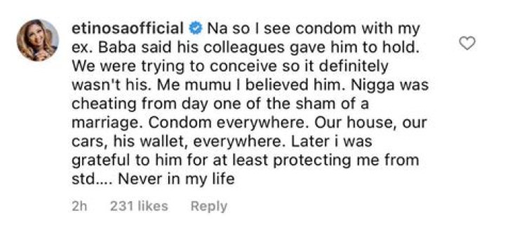 
I Caught My Ex-husband With Rubbers But He Told Me That His Colleagues Gave Him To Keep – Etinosa 