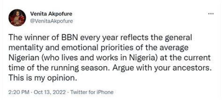 
Venita Reveals How Winner Of BBN Every Year Reflects The General Mentality Of The Average Nigerian 